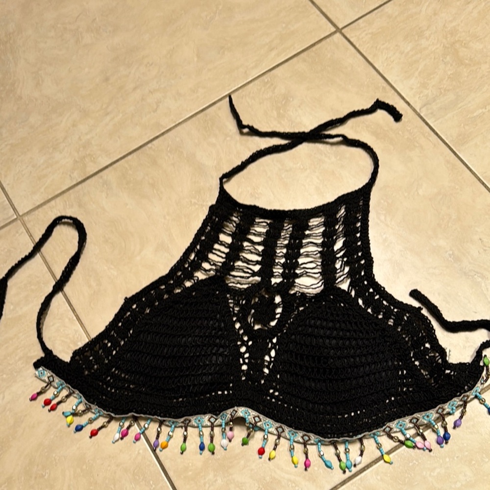 Handmade Black Crochet Halter Top with Beaded Fringe